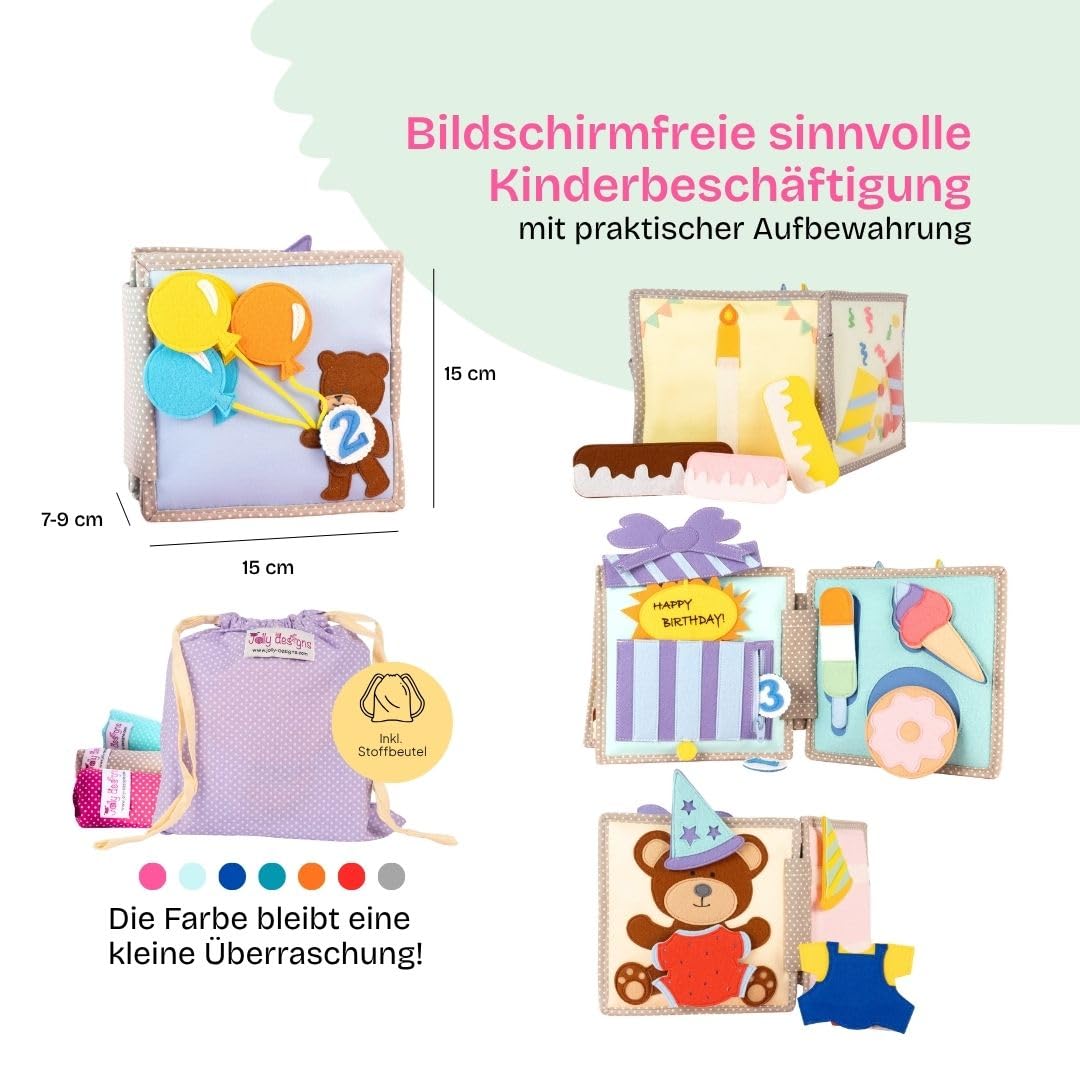 Jolly Designs – Happy Bearsday - 6 Seiten Mini Quiet Book – Montessori Spielzeug ab 1 Jahr – Motorik & Sensorik fördern – Handgefertigtes Filzbuch – Lernspielzeug für Kleinkinder – Busy Book