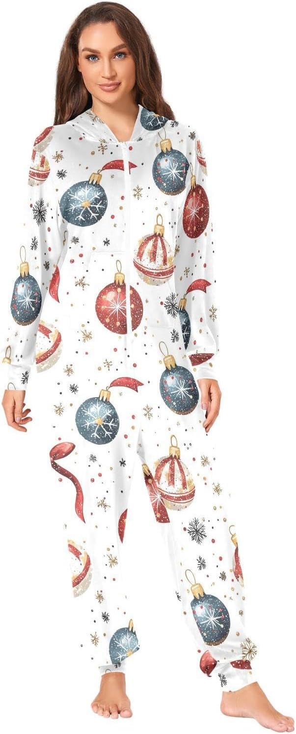ZZKKO Christmas Balls Snowflakes Ribbons Adult Onesie Pajamas for Women Men Cozy One Piece Pajamas Costume Zip-Up Hooded S-XL