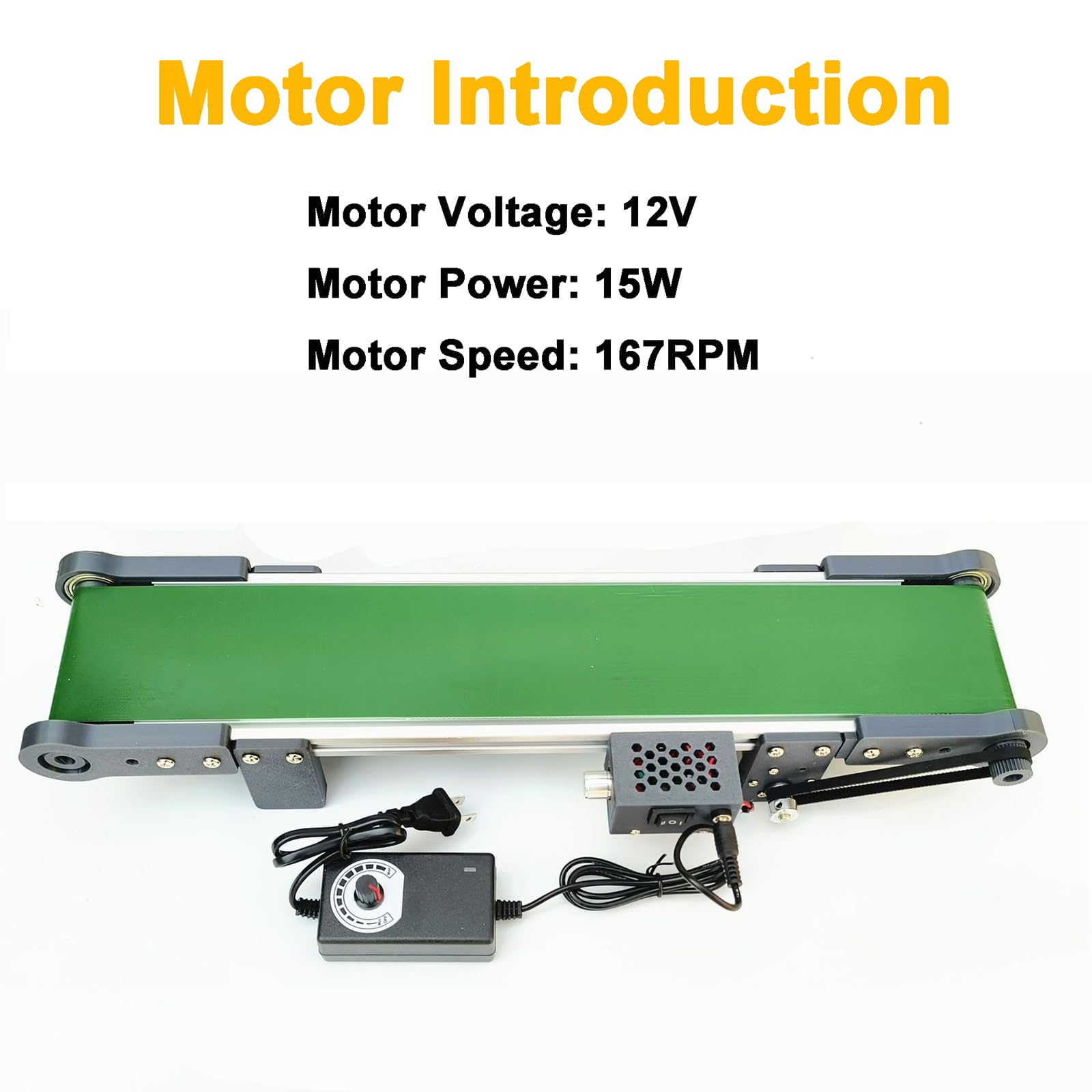Verstellbares elektrisches Mini-Förderband, 167 U/min, Geschwindigkeitskontrolle, Vorwärts-/Rückwärts-Funktion, ideal für Reibungsexperimente, kompaktes Design, 10 x 50 cm, maximale Geschwindigkeit