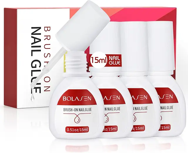BOLASEN Colle à Faux Ongles Extra Forte - 4 Bouteilles 15ML avec Pinceau