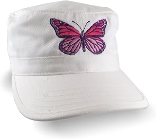 Custom Pink Monarch Butterfly Embroidery on an Adjustable Unstructured White Cadet Style Fashion Cap