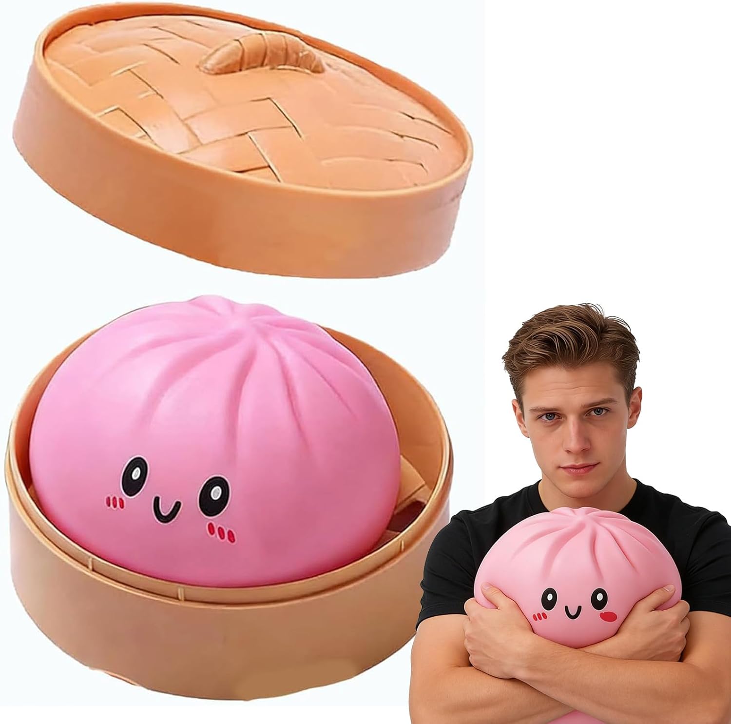 Giant 9.85 Inch Dumpling Squishies Stress Ball with Case – Soft Slow Rising Bun Fidget Toy, Cute Squeezable Toy for Adults, Desk Decor & Gift Party Favors Easter Basket Stuffers (Pink 1pc)