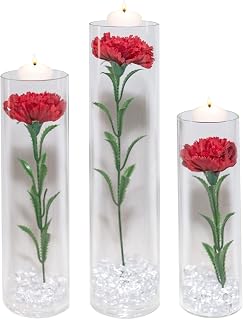Artificial Dianthus with Soybean Candles Water Beads and Fake Ice for Table Centerpiece Wedding Party Home Bar Restaurant Festival Decoration Suit,Red