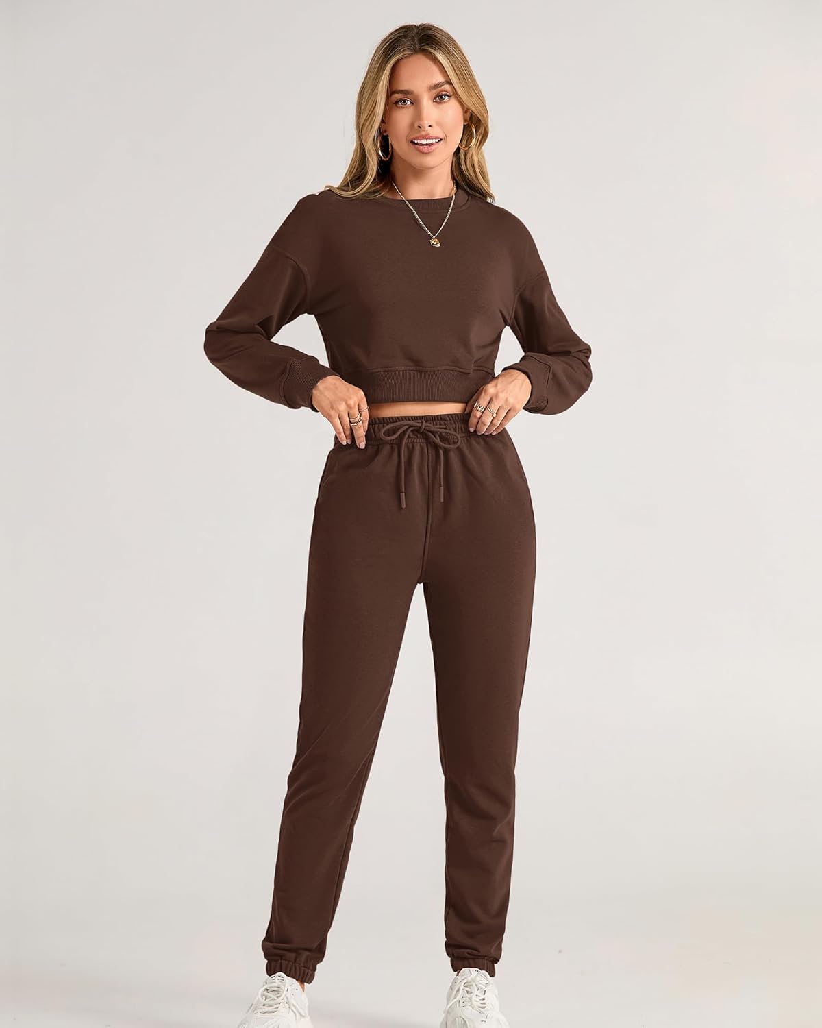 BTFBM Women 2 Piece Outfits Long Sleeve Crop Top Pullover Drawstring Pant Jogger Set Casual Sweatsuits Tracksuit Pockets - Image 3