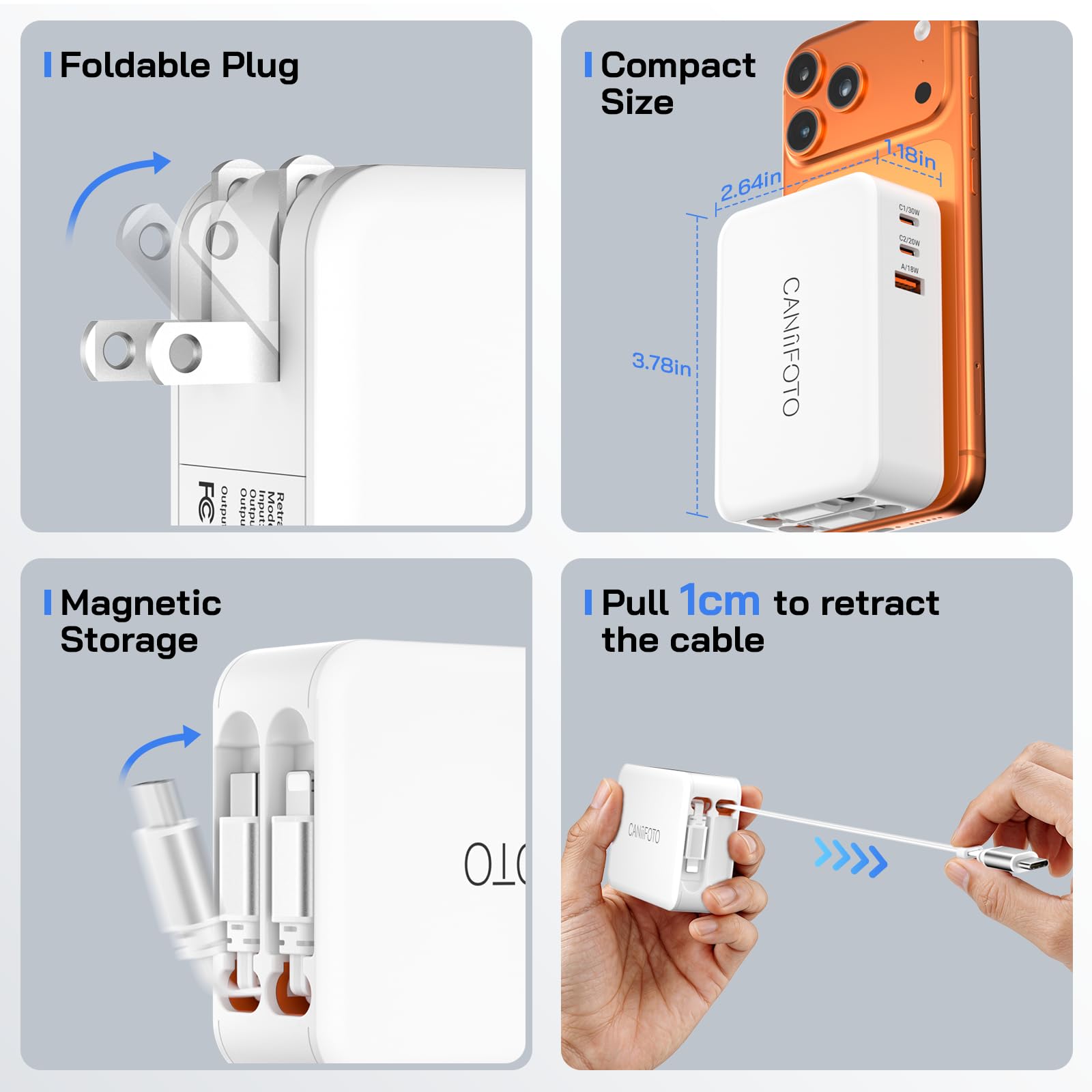 5-in-1 Retractable Wall Charger with Dual Cables, 50W Retractable Phone Charger with 3.3FT USB C & Lightening Cables,30W Fast Charging Block Wall Plug for iPhone 17 16 15 14 13,G-alaxy S26 S25,i Pad — view 5
