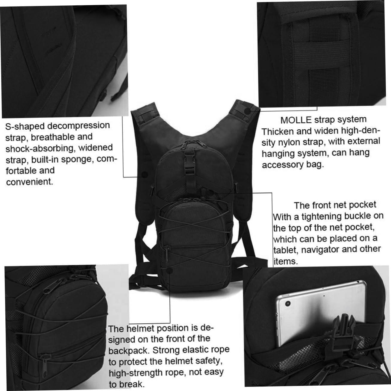 Hiking Backpack, 15L Travel Lightweight Bag, Camouflage Casual Waterproof Walking Backpack, Multi-Pocket Trekking Bag for Men Women, Black