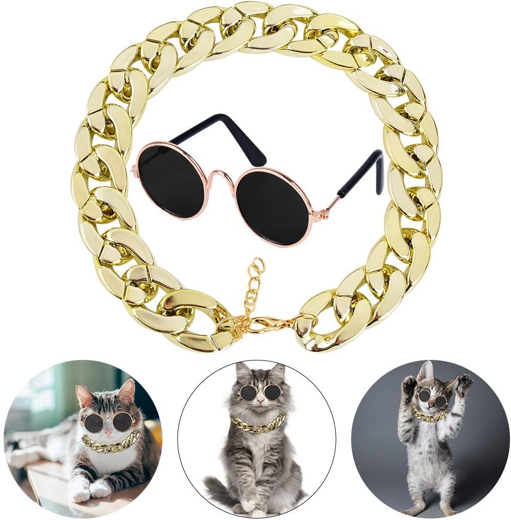SEGMINISMART Legendog Cat Costume Dog Collar and Pet Sunglasses for Cats and Small Dogs Fashion Cat Dog Sunglasses Cool Adjustable Dog Gold Chain Set Best Pet Photo Props
