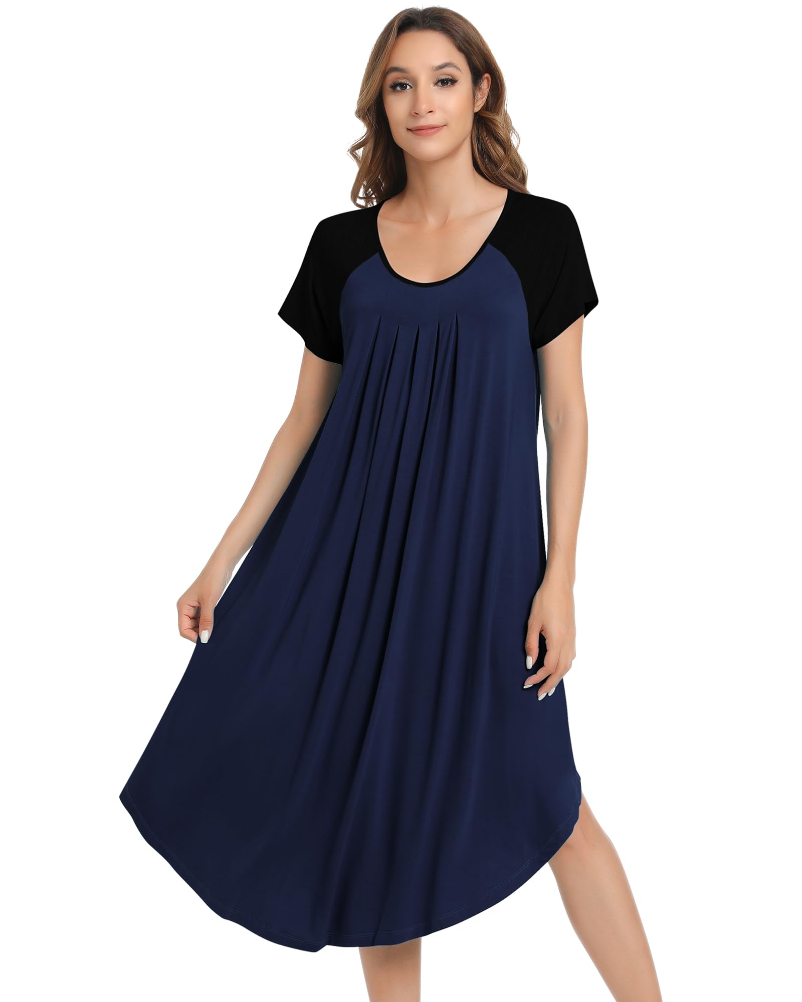 NACHILA Womens Nightgowns -Viscose Made from Bamboo,Soft Nightshirt Short Sleeve Sleepwear Pleated Sleepdress Cool Sleepshirt