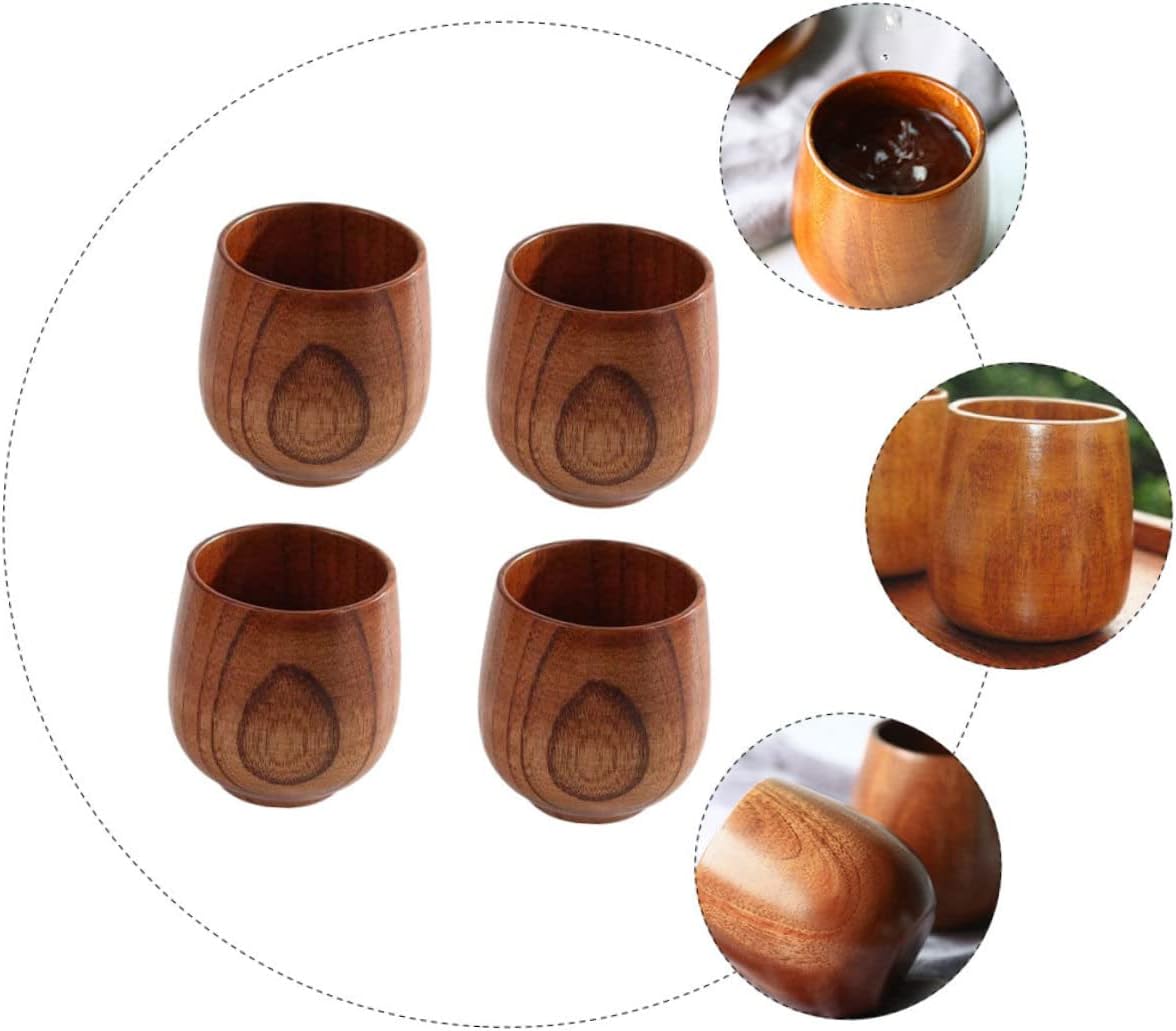 LIFKOME 4Pcs Wooden Teacup Natural Sake Holder for Hot Drinks Coffee and Wine Tearoom Supplies with Comfortable Grip and Elegant Design
