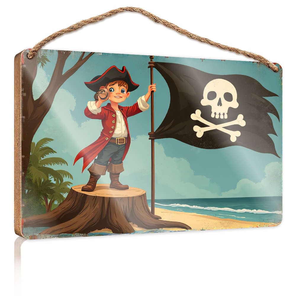 Wooden Decorative Plaque A Pirate Stands On A Tree Stump Holding A Telescope And A Flag Office Decor For Wall Funny Porch Decorations(15X28CM)