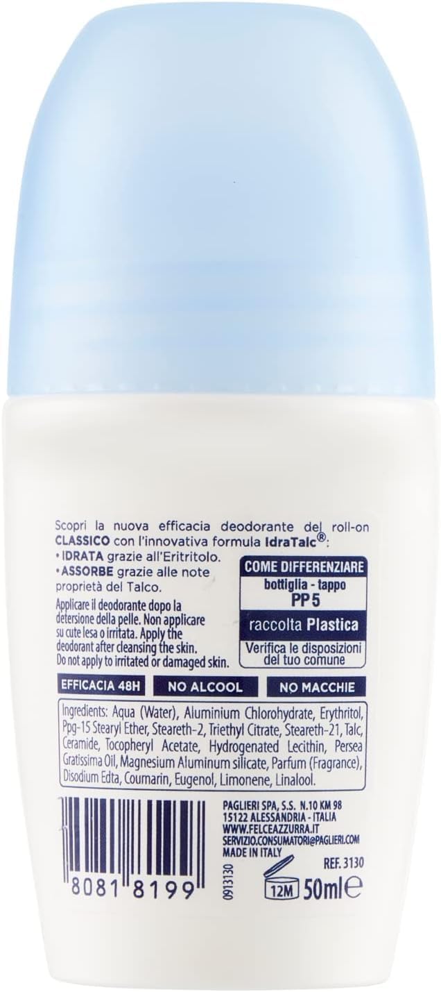 Felce Azzurra Classico Deo Roll On, IdraTalc Formula 48h Efficacia Senza Alcool 50ml Confezione da 12 + Italy Shop Portachiavi Gratis
