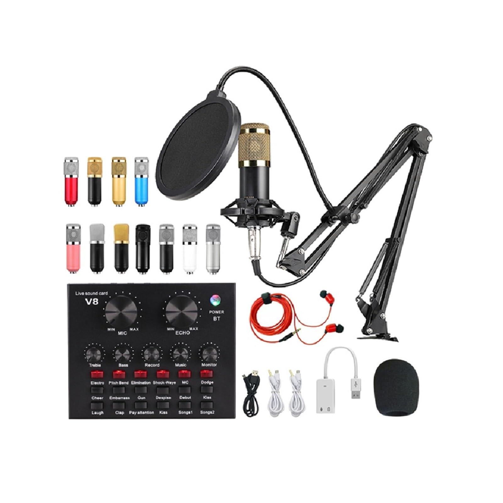 Podcast Kit, Micrófono Condensador Profesional BM800, micrófono V8 V9 V10, Tarjeta de Sonido, Ordenador, Audio, USB, Juego de Estudio de grabación, transmisión en Vivo, KTV(V8X and BM800 Mic)