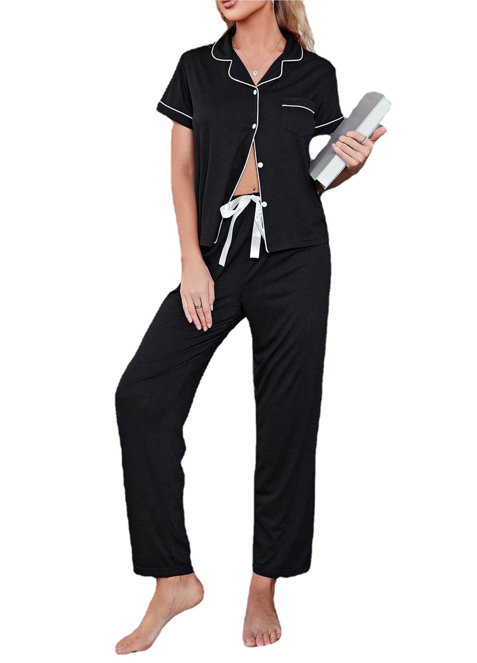 Pyjamas Femmes Set Button Down Sleepwear Manches Courtes Nightwear with Long Pants Pjs Set with Pockets,M