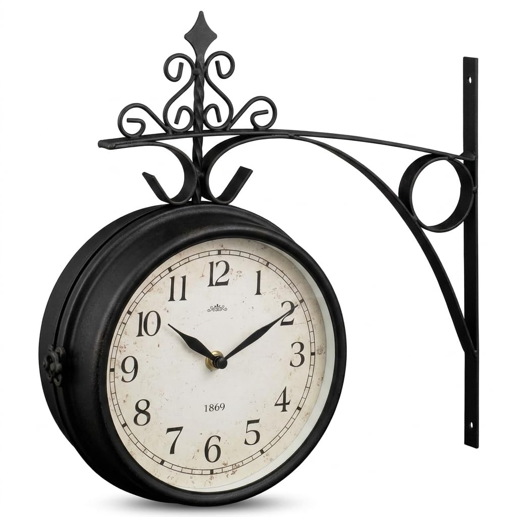 M&H Outdoor Dual Sided Station Clock, Vintage Garden Wall Clock with Bracket, Weather Resistant Double Sided Hanging Clock for Patio, Garden, Kitchen & Indoor Outdoor Décor, Black
