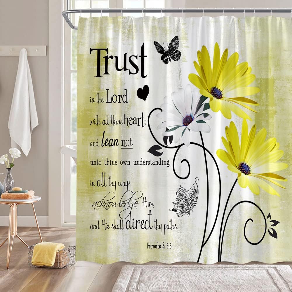 Inspirational Quote Trust in The Lord Shower Curtain Rutsic Blue Daisy Flower Butterfly Abstract Painting Farmhouse Fabric Bathroom Decor Fabric Curtain with Hooks