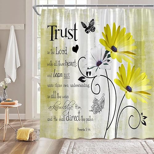 GCTNBJL Cortina de ducha con frase inspiradora, con frase en inglés "Trust in The Lord", rústica, granja, floral, flores amarillas, mariposa,