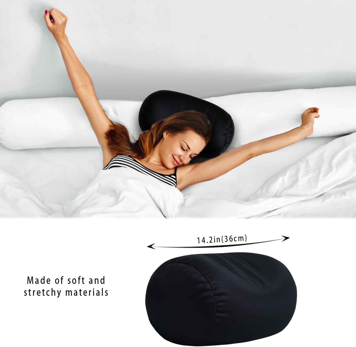 Squishy Microbead Bean Neck Pillow 2Pcs Bolster Tube Body Pillow for Sleeping Smooth Cool Touch Fabric Neck & Back Support Throw Travel Pillow Fun Colors (Dark Black 2Pcs) - Image 6