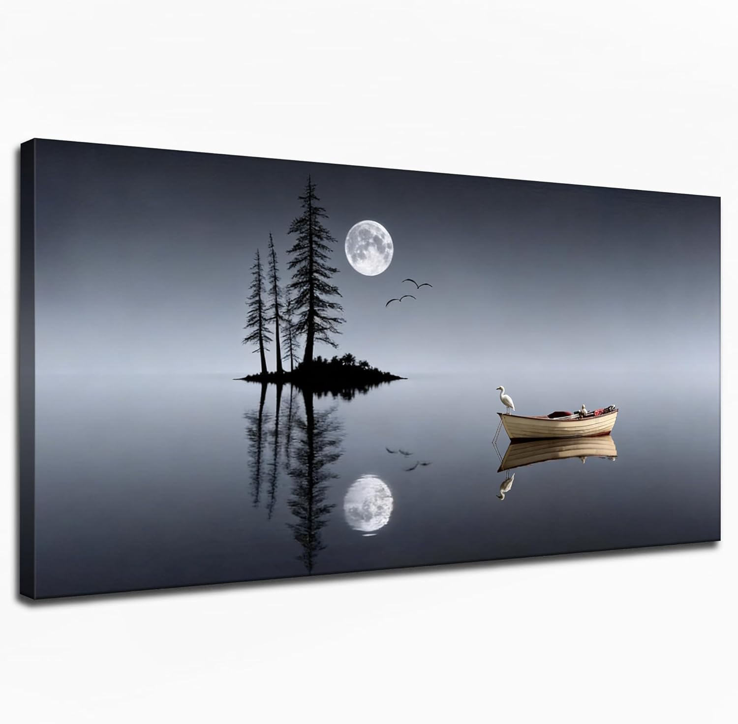 HomeifHue Minimalist Moonlit Lake Wall Art – Modern Night Landscape Canvas with Quiet Boat, Full Moon Reflection, Nature Wall Decor for Living Room, Bedroom or Office（F2 24x48in）