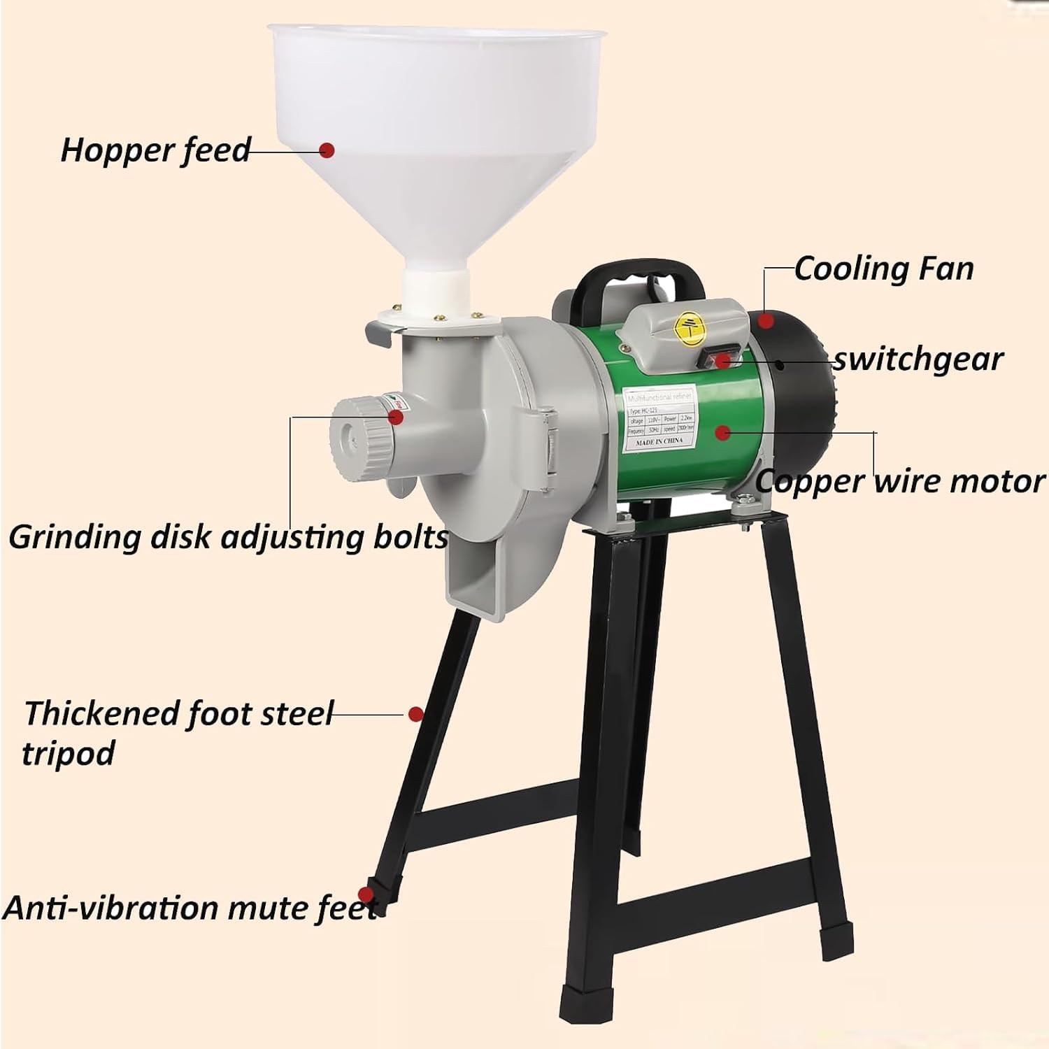 Broyeur À Grains Électrique Commercial en Acier Inoxydable avec Entonnoir 28000 Tr/min 60 Kg/h Moulin Céréales pour de Riz Café Blé Maïs Cuisine Domicile Restaurant