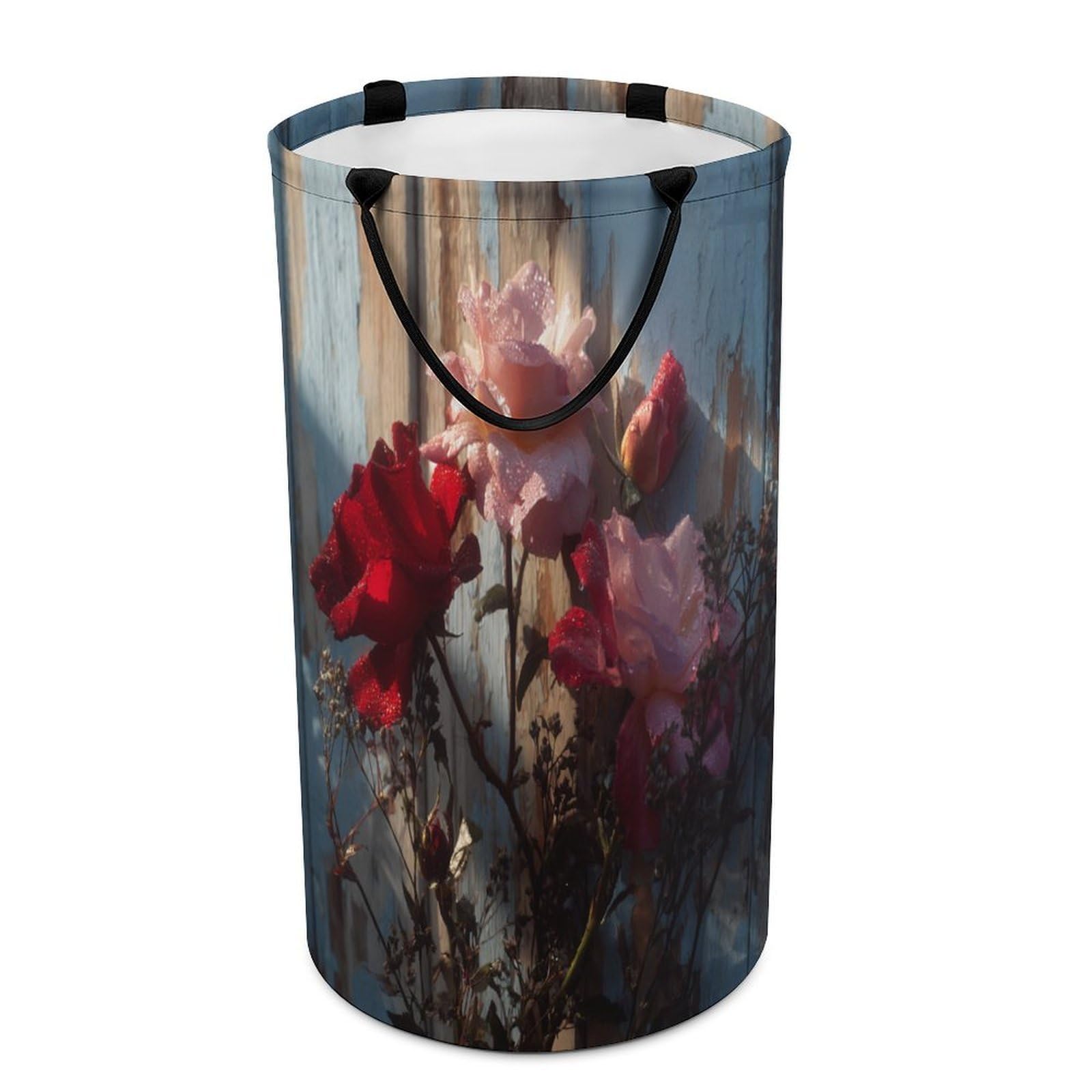 LUYYSKY Fantasy Abstract Red Roses Collapsible Dirty Clothes Basket, Classic Watercolor Wooden Board Botanical Roses Floral Portable Clothes Storage Basket