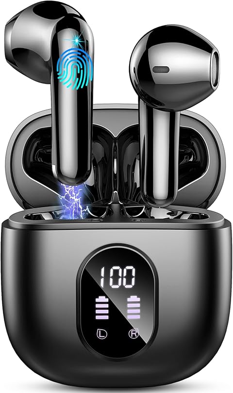 Ecouteurs Bluetooth sans Fil, Écouteurs Bluetooth 5.3 avec HiFi Stéréo Basses Casque, 50H Récréation, 4 ENC Réduction de Bruit Mic, Oreillette Bluetooth Sport IP7 Étanche, Écran LED, pour iOS Android