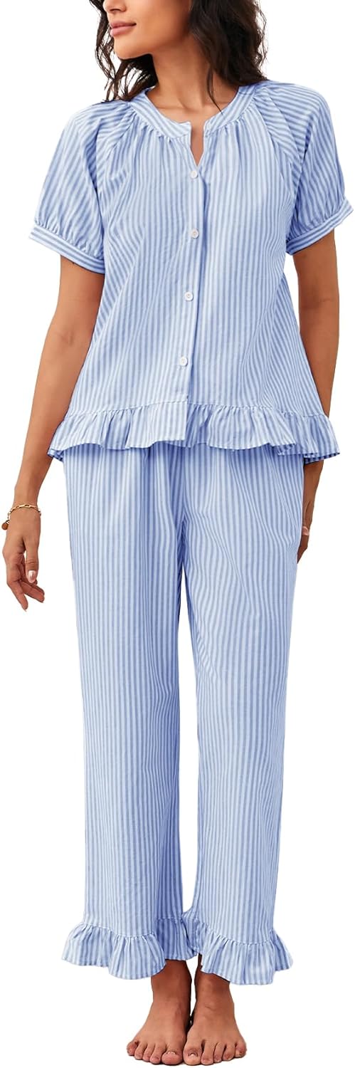 Flygo Womens Striped Pajama Sets 2 Piece Cotton Pjs Lounge Set Ruffle Button Down Tops Long Pants Soft Sleepwear with Pockets(Blue-XL)