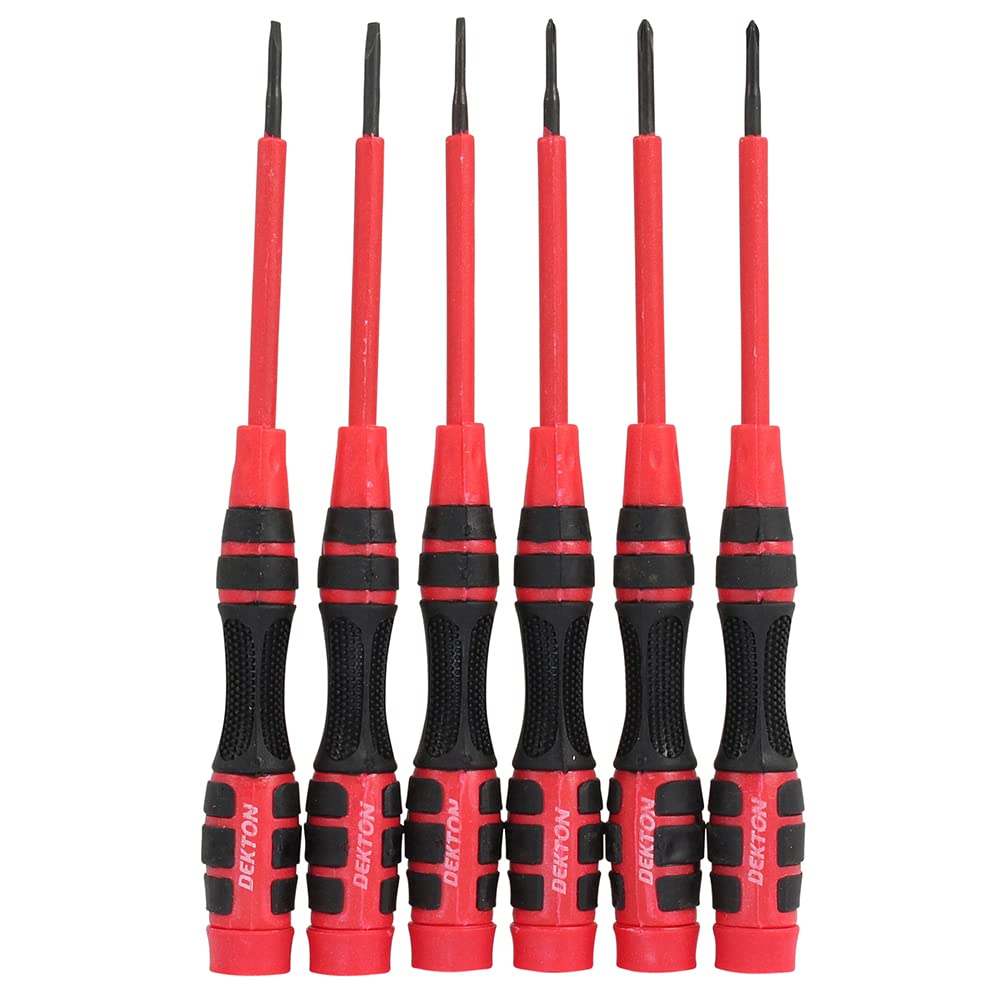 Dekton 6 Piece Precision Screwdriver Set - Ergonomic anti slip handle for ease of use and precise control| Accurately machined for ultimate fit| Includes: Flat: 2mm, 2.5mm and 3mm| Durable and Comfort