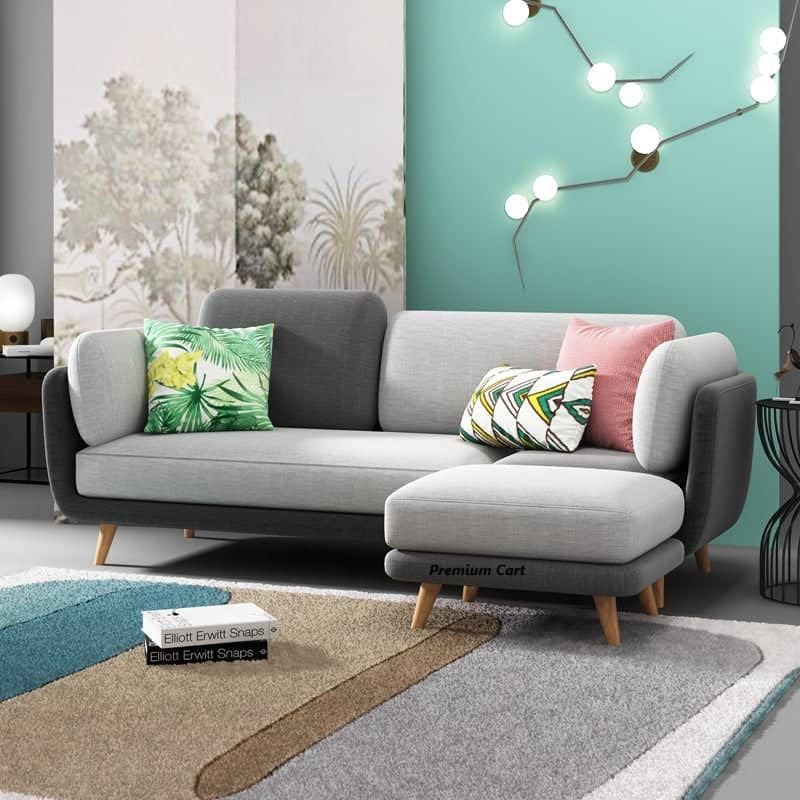 Image of Velvet Contemperory Sofa with Cushion Chaise Lounge Sectional Sofa Perfect for Living Room & Bedroom Guests Home & Office (Linen Grey & Beige, 3 Seater with Puffy)