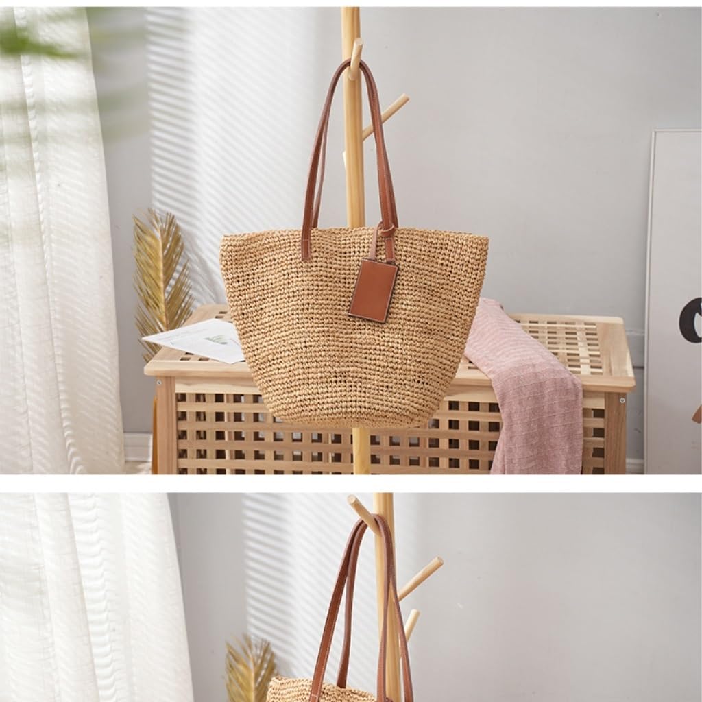 Geflochtene Tragetasche,Handtasche Gewebte Einkaufstasche aus Stroh, Schultertaschen, Sommer-Raffia-Rindsleder-Nähte, gewebte Tasche, Ledergriff, Umhängetasche, Messenger-Handtasche, Strohtaschen