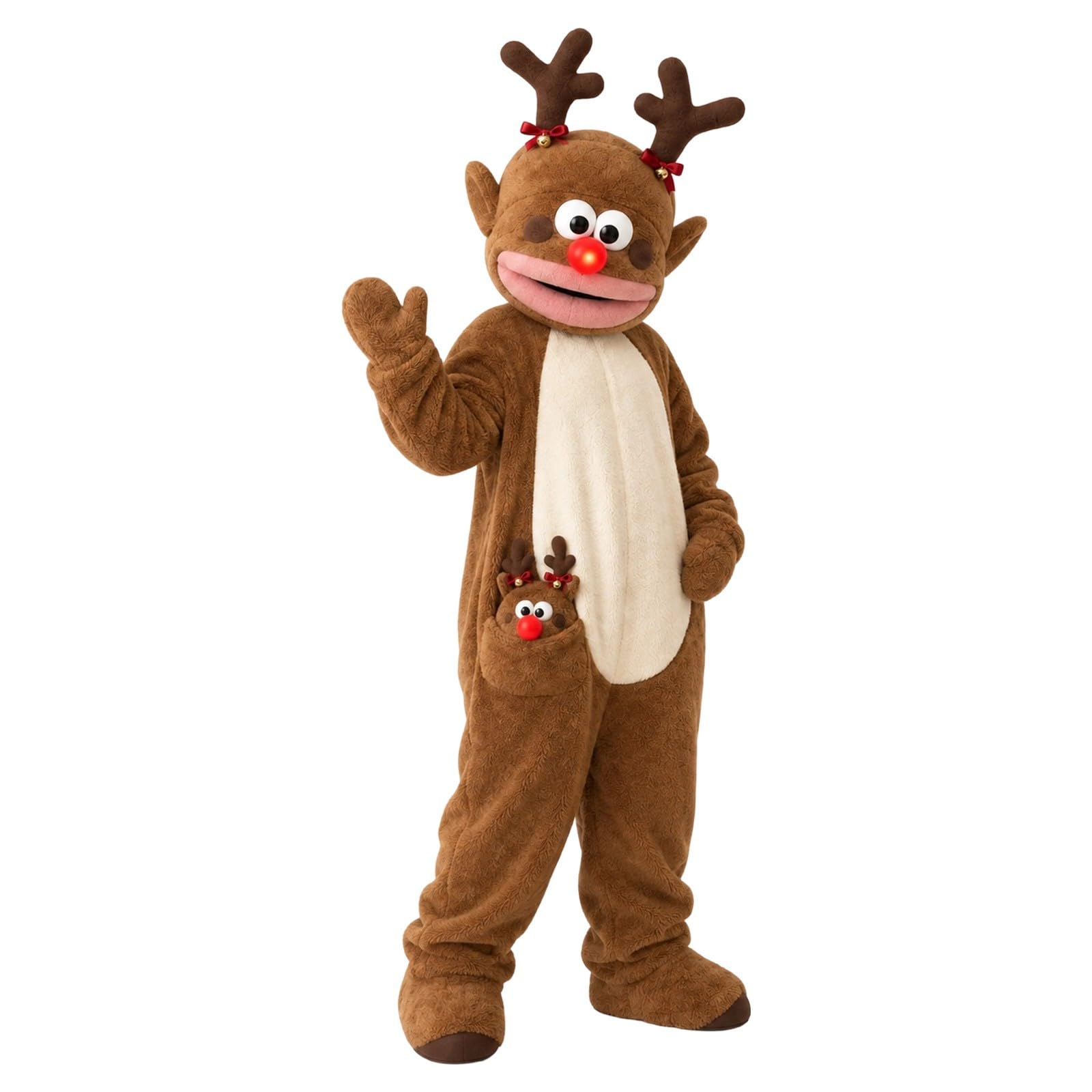 Tuta Bambini Costume Renna Cappuccio Corna Tasche Zampe Peluche