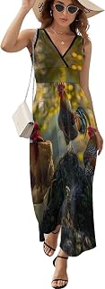 Farm Animal Chicken Rooster Womens Casual Sleeveless Dress Maxi Long Beach Dress Sundress