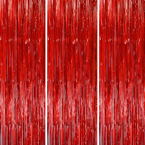 Voircoloria 3 Pack 3.3x8.2 Feet Red Foil Fringe Backdrop Curtains Tinsel Streamers Birthday Party Decorations Fringe Backdrop for Graduation Baby Shower Gender Reveal Disco Party