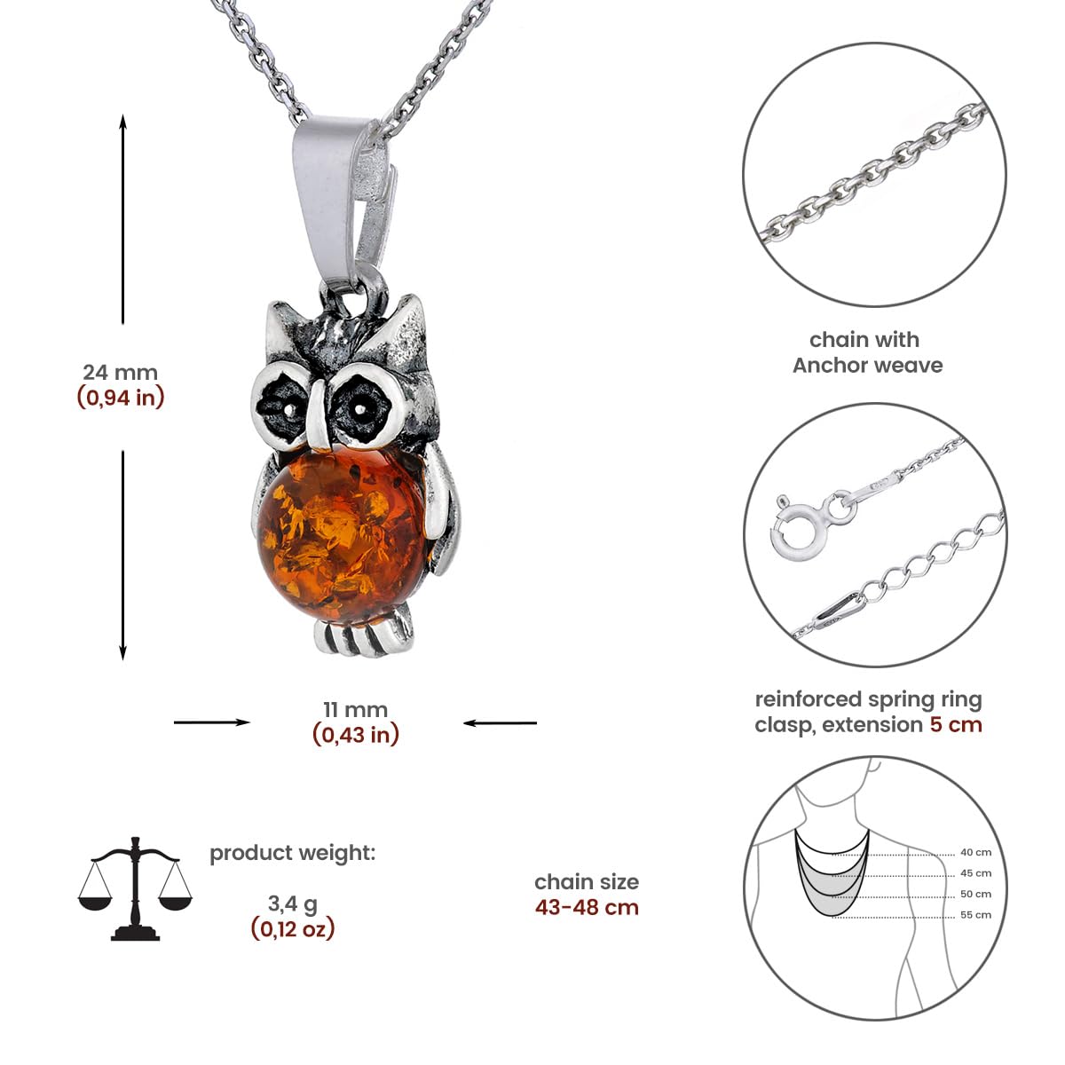 Collana da donna con ambra baltica color cognac, argento 925 ossidato, ciondolo XVI Gufo piccolo con catena, Set regalo