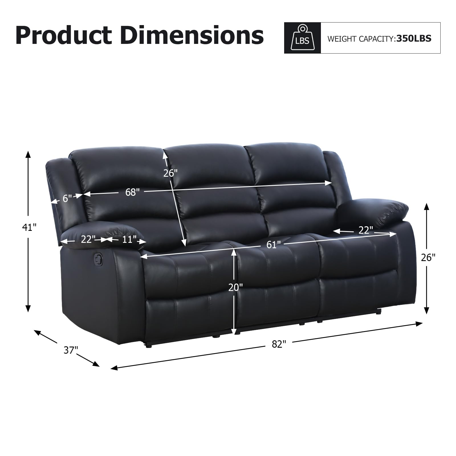 EBELLO 3 Seat Recliner Sofa for Living Room, Faux Leather Reclining Couch with Overstuffed Arms and Backrest for Home and Office, Black view 2