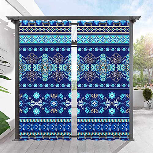 ANHOPE Outdoor Curtains Grommet Top & Bottom Windproof Waterproof Window Drapes with Ethnic Geometric Stripes Boho Floral Print Pattern Outside Curtains for Patio Pergola Gazebo 2 Panels 36 x 84 Inch