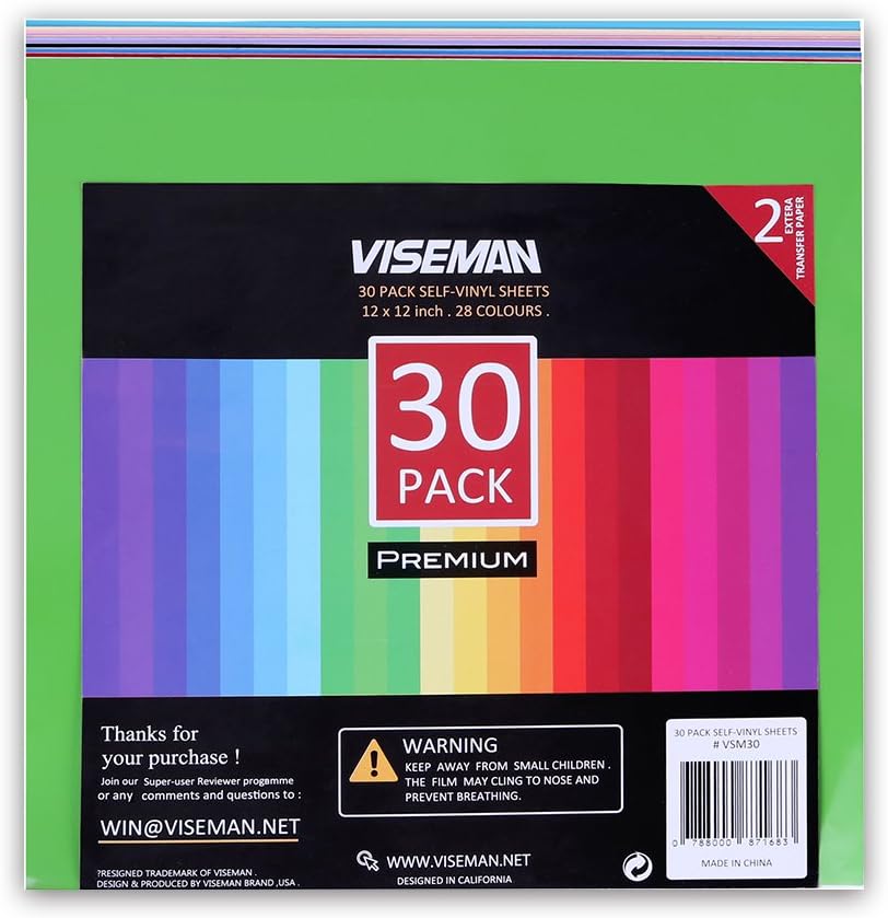 Adhesive Vinyl Sheets - 12'' X 12'' Premium Permanent Glossy Self Vinyl Craft Paper with 2 Clear Transfer Tap Cutters (30 Pack)