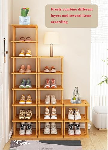 Miniatura 5 de Zapatero vertical de bambú para entrada, zapatero estrecho apilable, almacenamiento minimalista de zapatos, organizador de zapatos de 5 niveles para