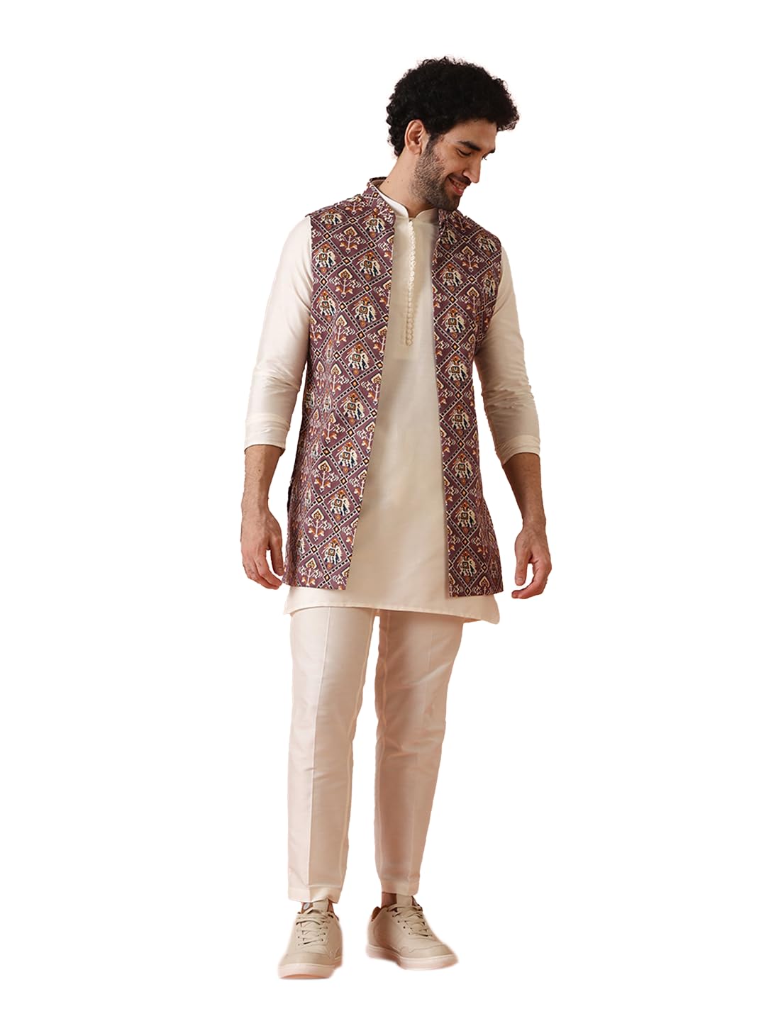 Kisah Mens Kurta Jacket Trouser Set|Cotton Blend Fabric Printed Pattern Mens Ethnic Wear|Regular Fit Mandarin Collar Long Sleeves, Purple, 42