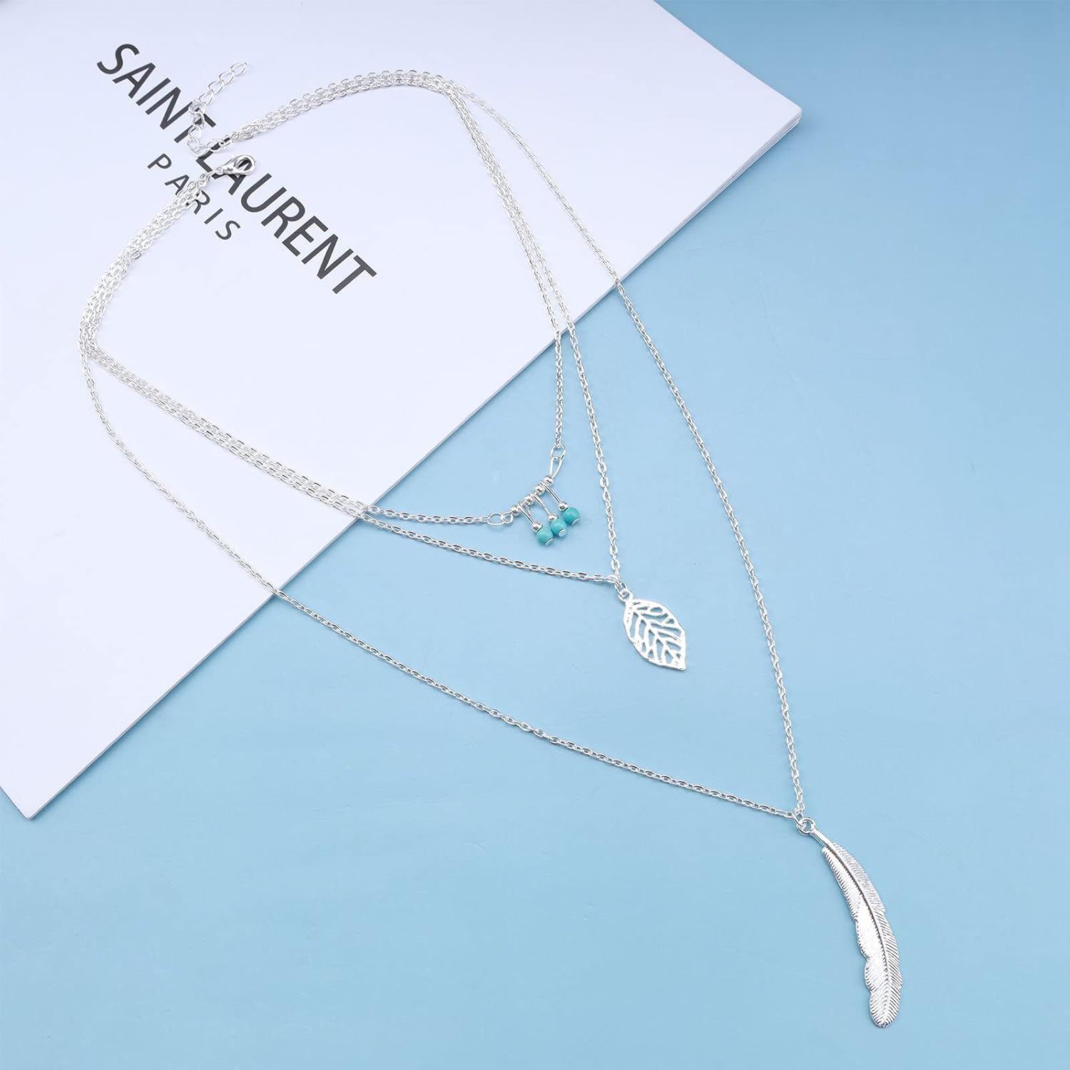 Andelaisi Boho Layered Turquoise Leaf Pendant Necklace Silver Feather Necklace Choker Vintage Leaf Necklace Hollow Leaf Drop Chain Necklace Jewelry for Women - Image 3
