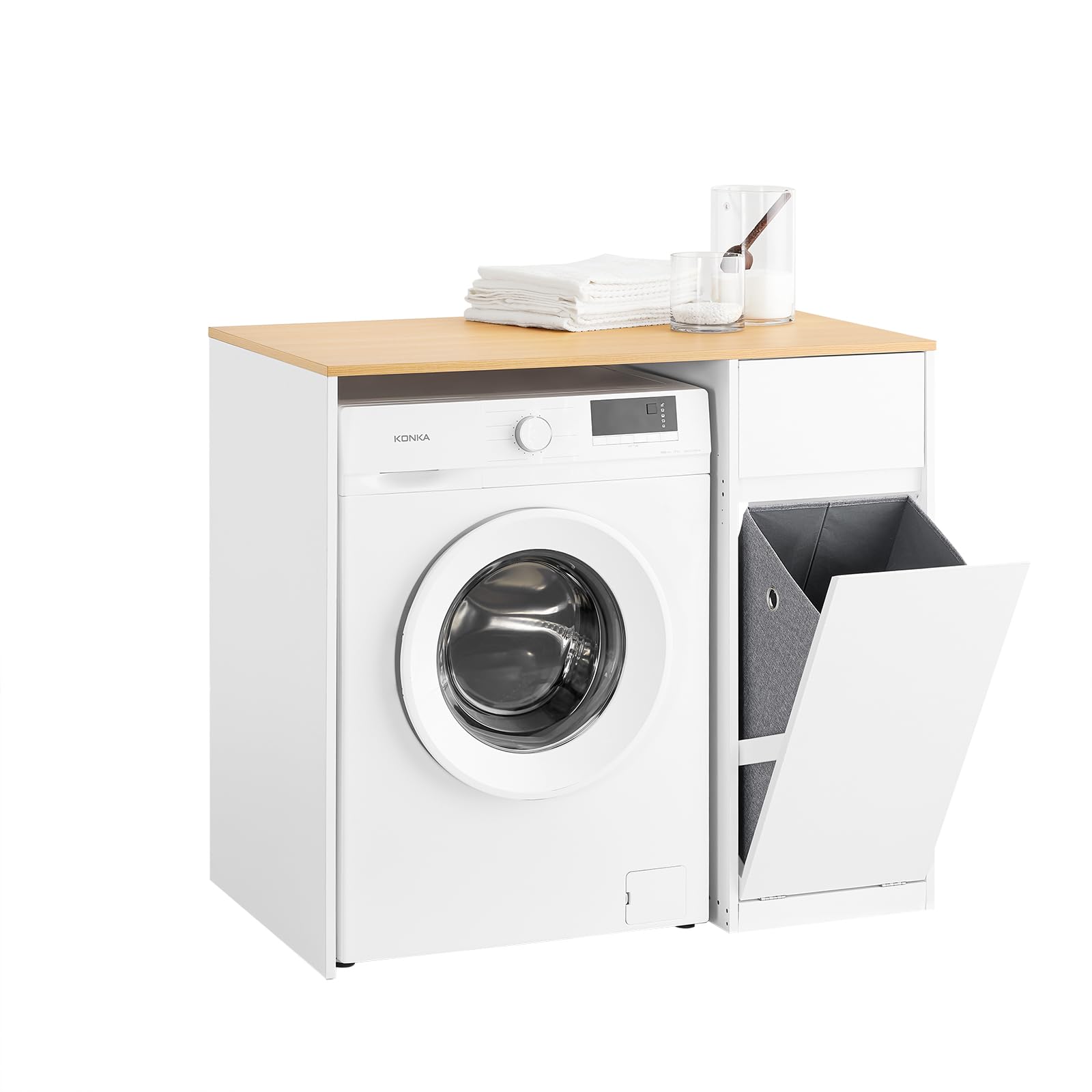 SoBuy Waschmaschinenschrank mit Wäschekorb & Schublade 100x60x90 cm | Schrank für Waschmaschine & Trockner, platzsparender Badezimmerschrank in Weiß Holzoptik, Skandinavisches Design, BZR217-WN