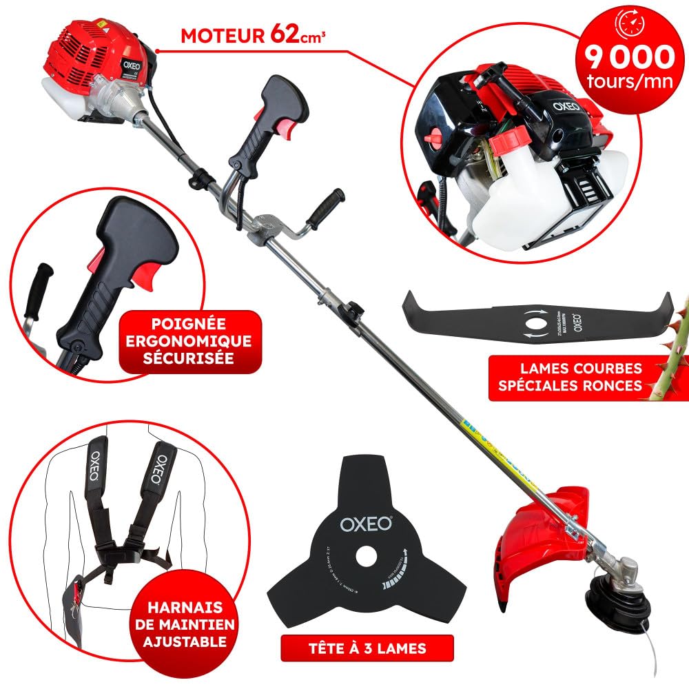 Débroussailleuse Thermique 62 cm³ 2 Temps Essence 2en1 Coupe-Bordure Tête Double Fil Deux Lames