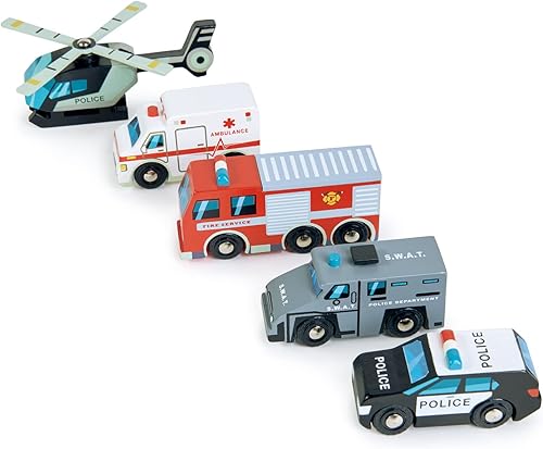 Miniatura 3 de Tender Leaf Toys - Vehículos de emergencia - 5 vehículos de rescate de madera con piezas móviles para niños y niñas - Gran regalo para los amantes