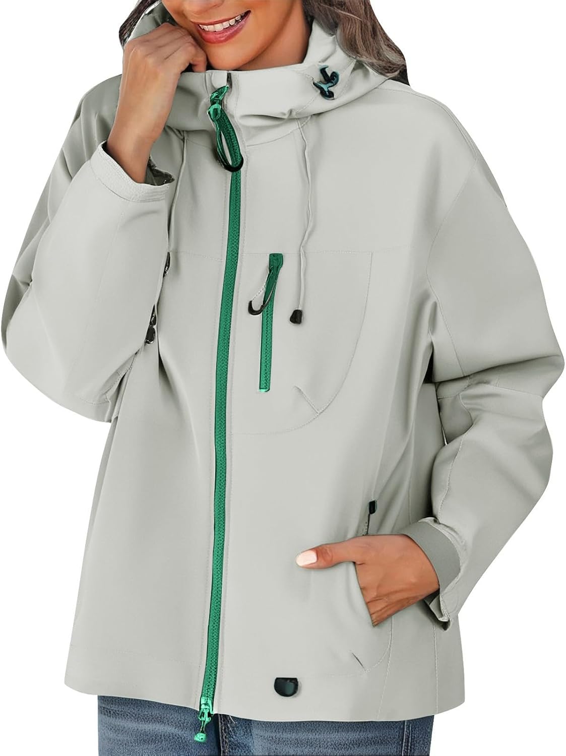 Zip Up Jacket for Women Hooded Lightweight Windbreaker Outdoor Coat | Women's Casual Softshell Jacket with Contrast Zipper, Snap Button Cuff, Zip Pockets for Fall Spring Travel Hiking
