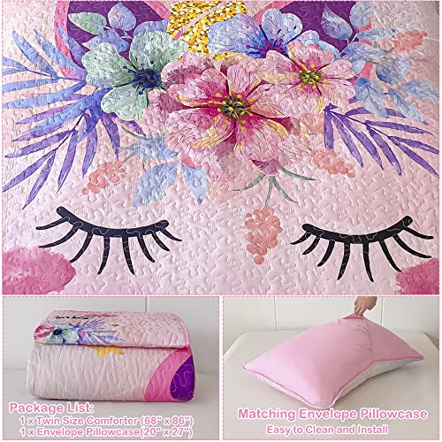 2-Piece Pink Unicorn Quilt Set For Girls Twin Size Kids Comforter Bedding Set Stars Flowers Reversible Quilted Bedspread Coverlet Lightweight Bed Sheet Set Cover Throw Blanket With Pillow Sham #TOP4