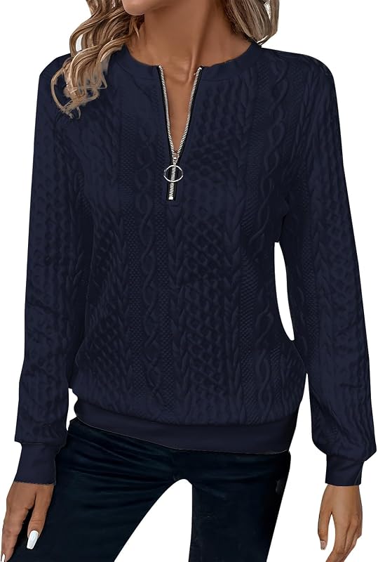 Women's Half Zip Quilted Pullover Sweatshirts Crew Neck Long Sleeve Tops Textured Solid Casual Fashion Fall Sweaters