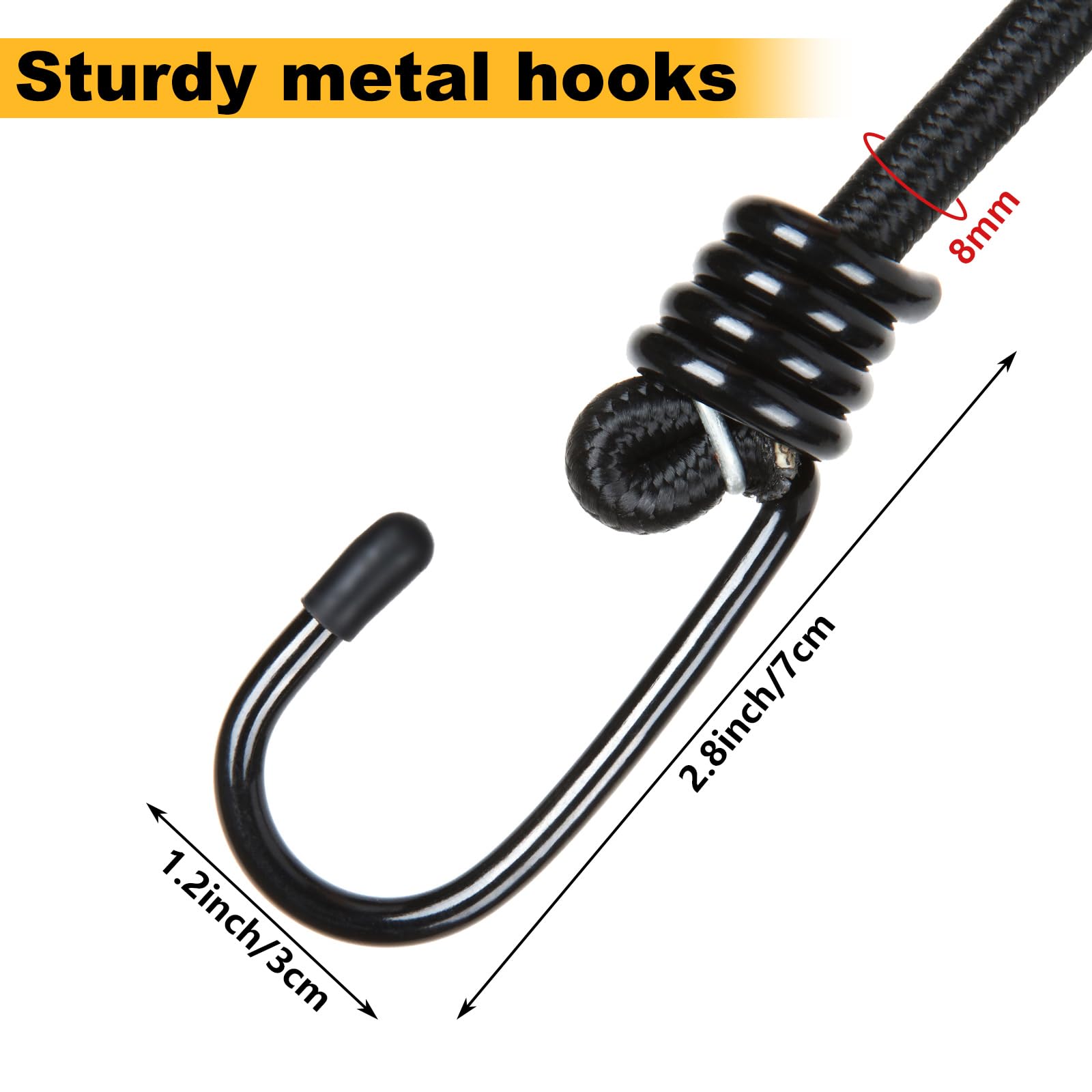 GBACHOOSE 24PCS 12-Inch Heavy Duty Bungee Cord with Hook, Superior Rubber Elastic Tie Down with Metal Hooks for Luggage Rack, Camping, Tarps, Hand Carts (Black) - Image 3