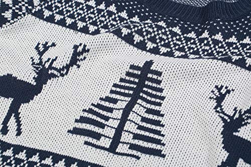 Suéter feminino feio de Natal lindo de Natal com renas de árvore de Natal e manga comprida, Azul mar