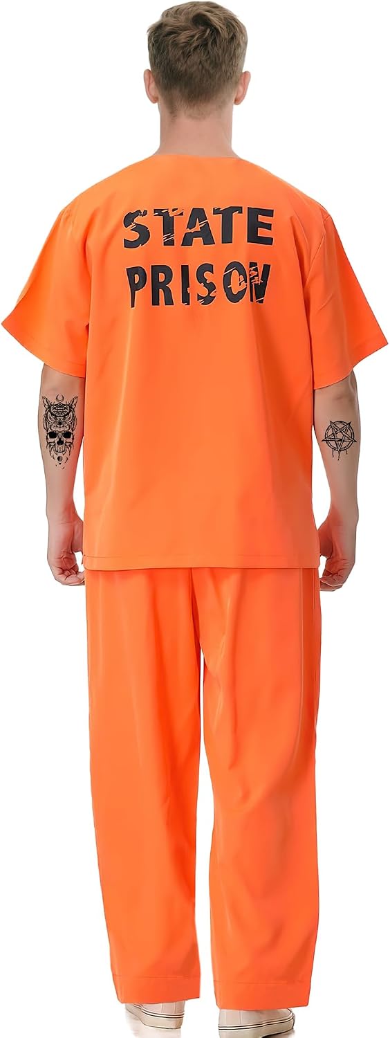 Prisoner Costume for Adult - Orange Jail Convict Costume for Men Jailbird Outfit for Halloween Dress Up Cosplay