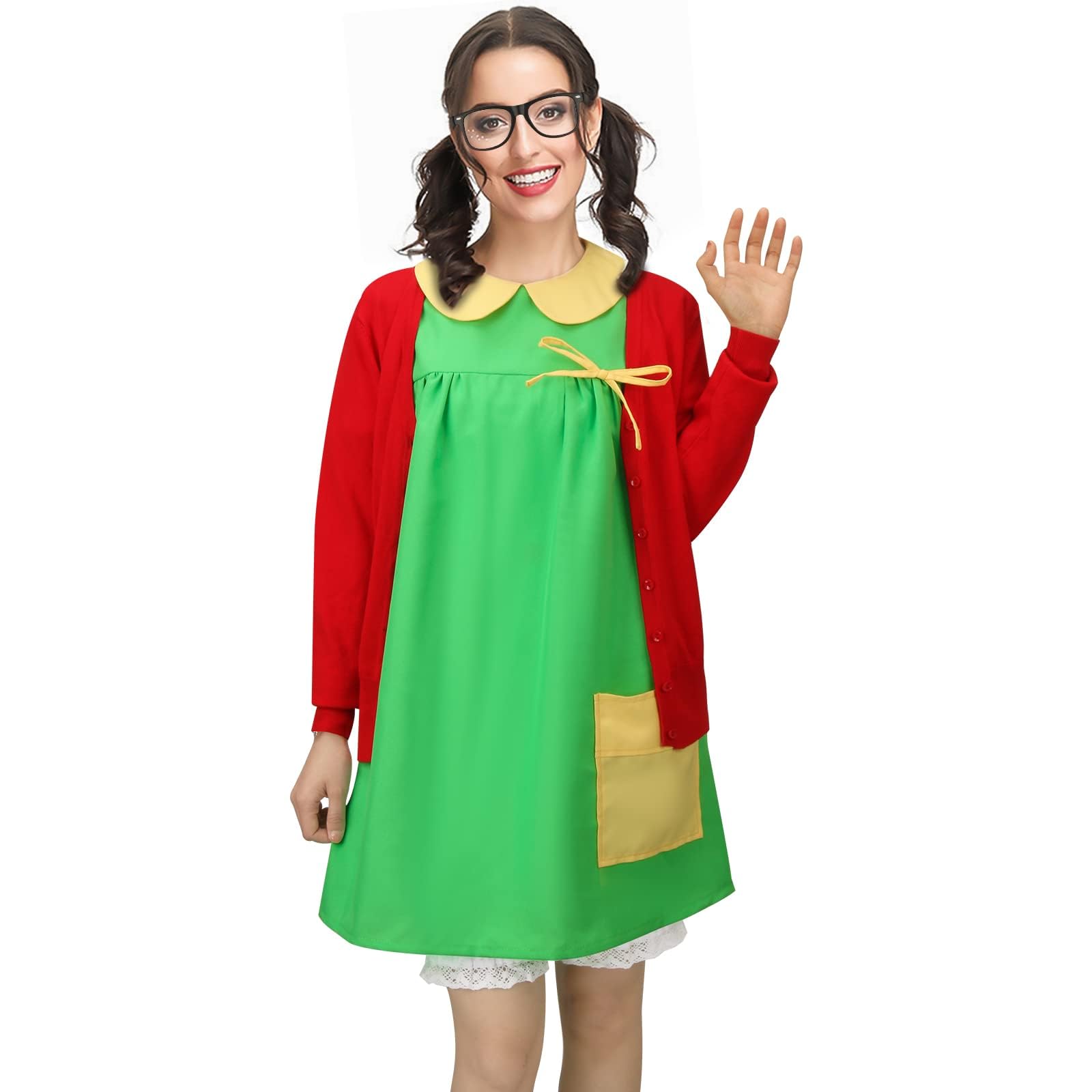 Women Costume Green Dress Red Knit Cardigan Shorts Glasses Full Set Halloween Cosplay Outfit