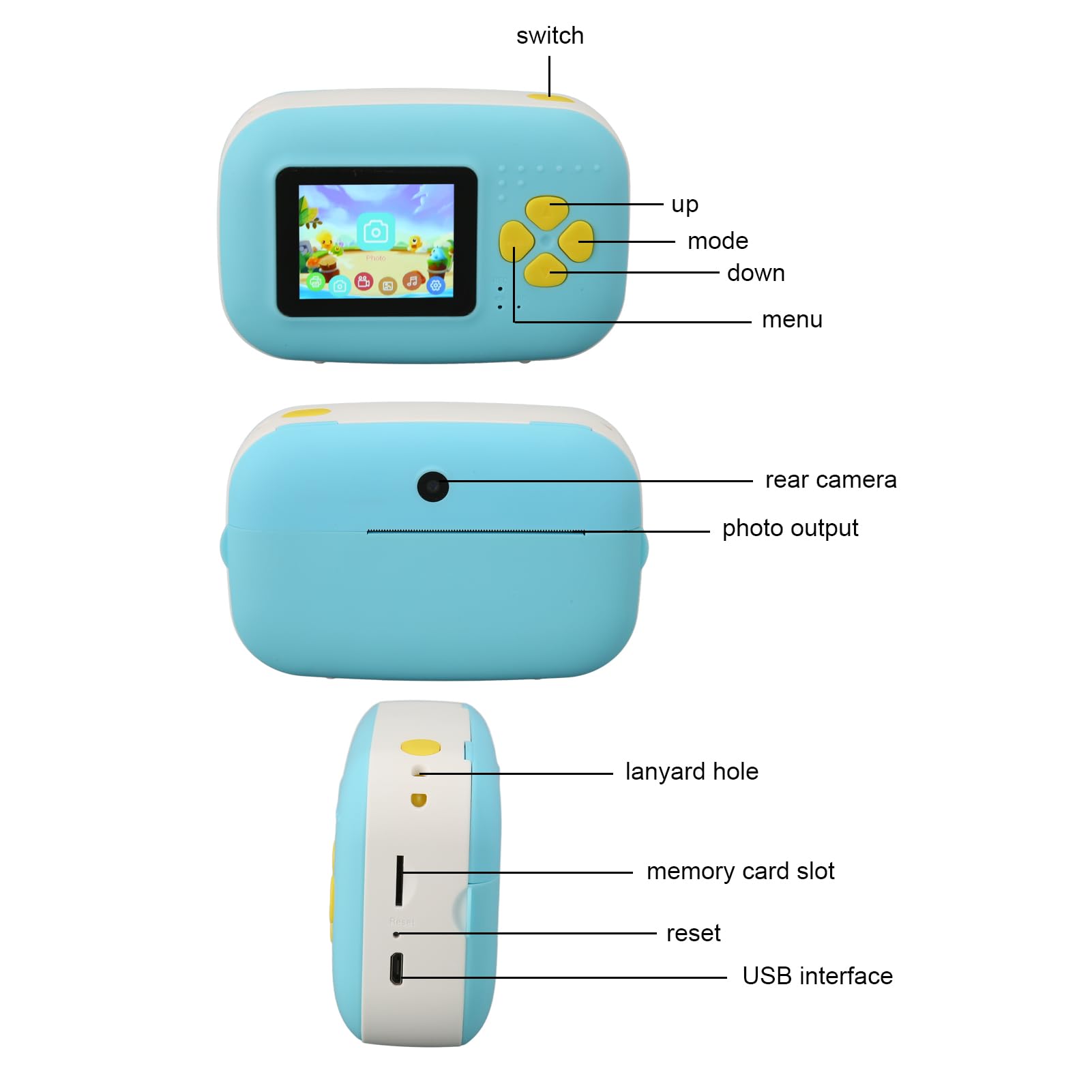Fotocamera a Stampa Istantanea da 16 MP, Fotocamera Digitale con Schermo HD da 2 Pollici, Ricarica USB, Video 1080P, Fotocamera per Bambini con Cordino per Rotoli di Carta